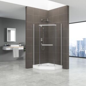 Ötszögletű üveg zuhanykabin tálcával sima 90x90x185