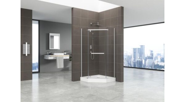 Ötszögletű üveg zuhanykabin tálcával sima 90x90x185