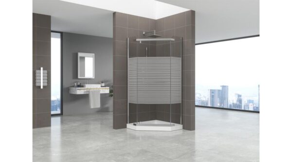 Ötszögletű üveg zuhanykabin tálcával csíkos 90x90x185